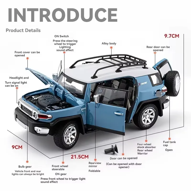 Blue Toyota FJ Cruiser diecast model with labelled details for opening doors, lights and spare wheel