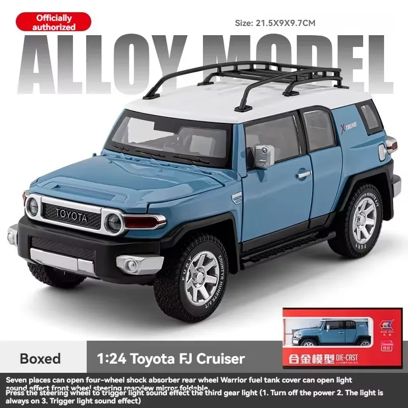 Blue Toyota FJ Cruiser 1:24 diecast model car side view with white roof and roof rack