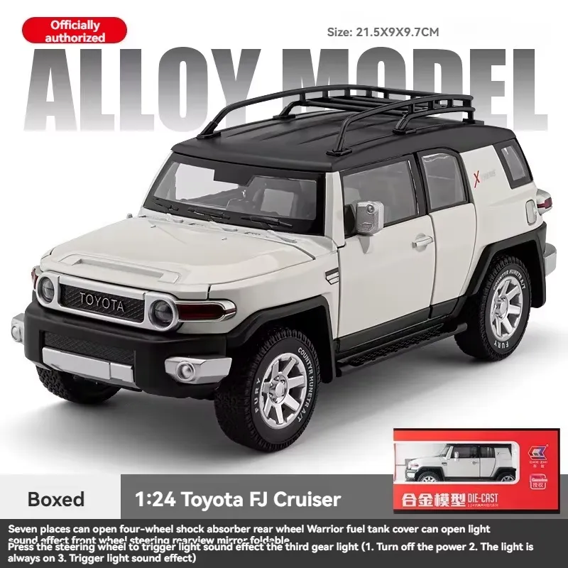 White Toyota FJ Cruiser 1:24 diecast alloy model car shown with its retail box