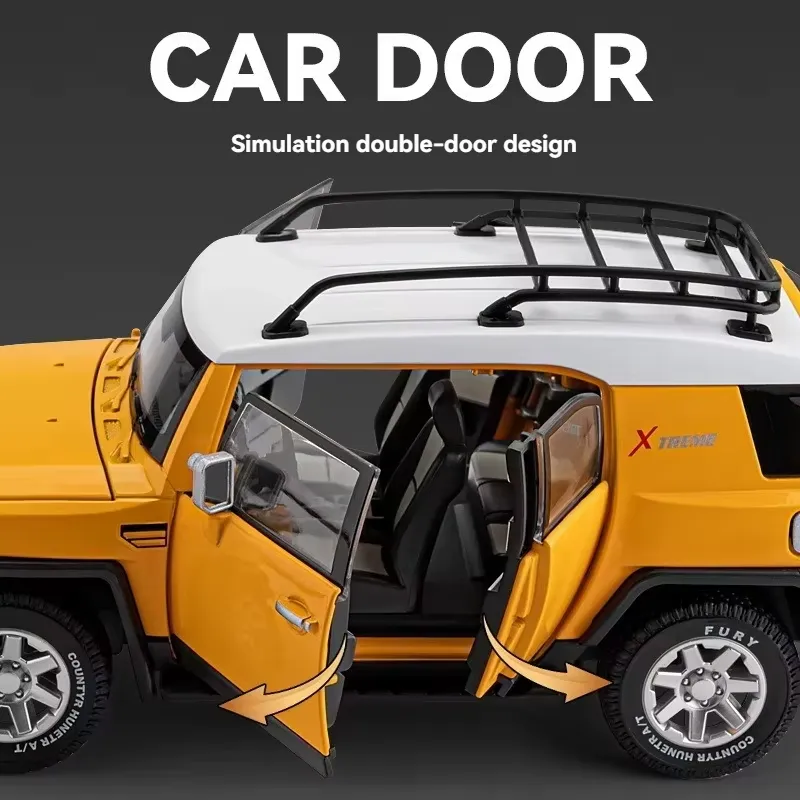 Yellow Toyota FJ Cruiser diecast model with both front doors open showing the double-door design