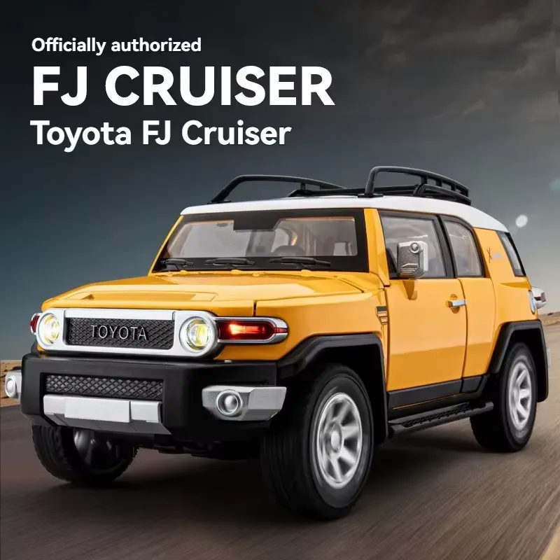Yellow Toyota FJ Cruiser diecast model car front view with headlights lit and roof rack