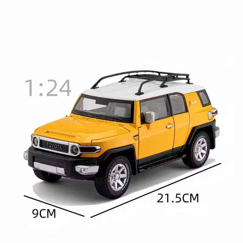 Yellow Toyota FJ Cruiser diecast model car shown with 1:24 scale and 21.5 cm length dimensions
