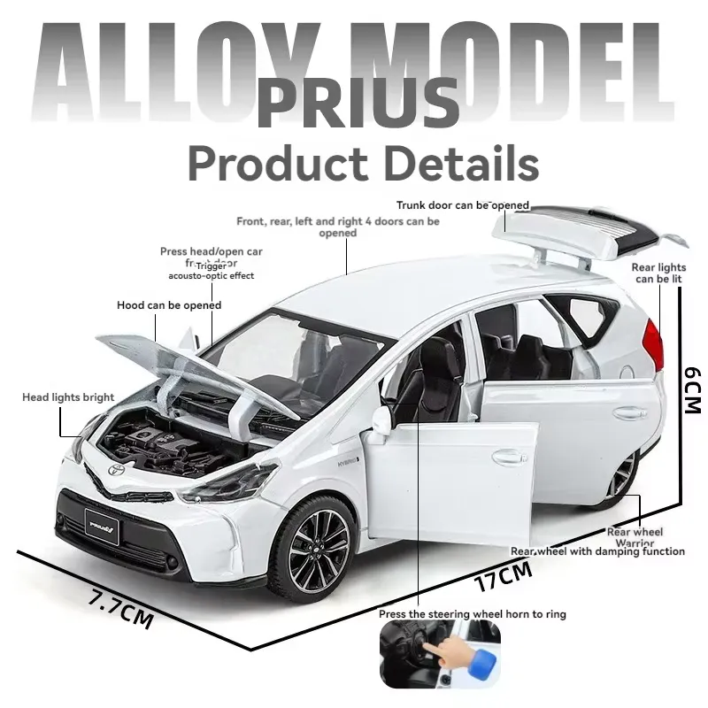 White Toyota Prius diecast model with labelled opening doors, bonnet, boot and lights