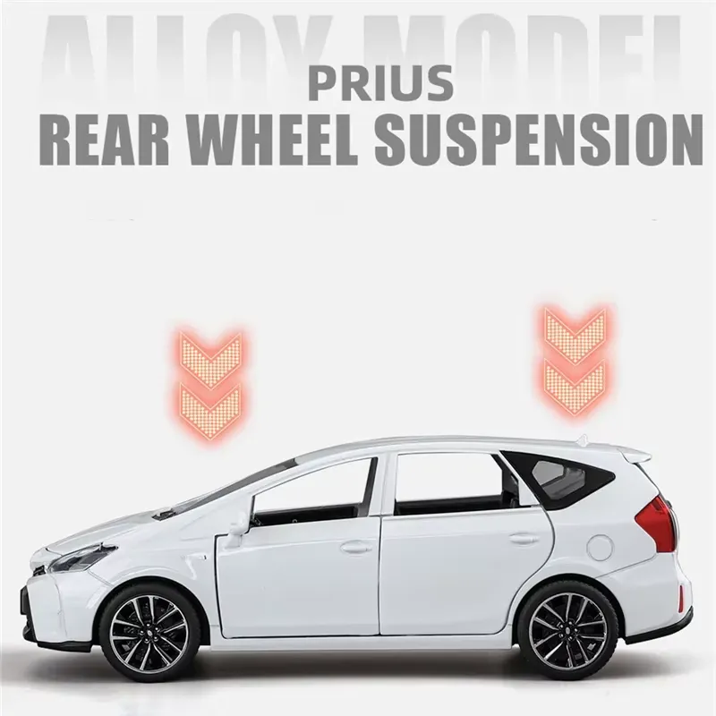 White Toyota Prius diecast model showing rear wheel suspension feature and side profile