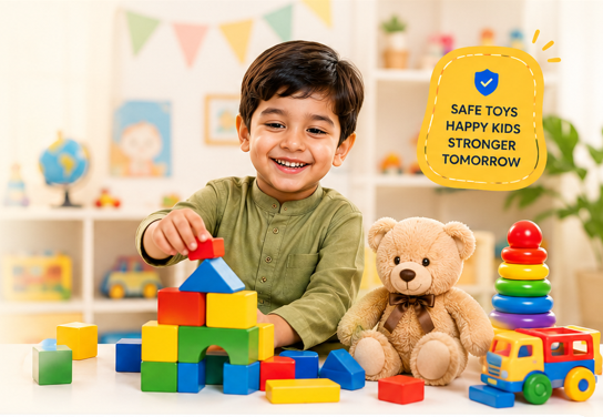Child playing with colorful building blocks