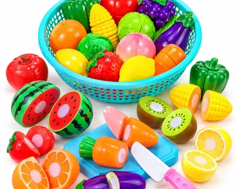 Cutting toys category — velcro fruit and vegetable cutting set with a blue basket and toy knife in Pakistan