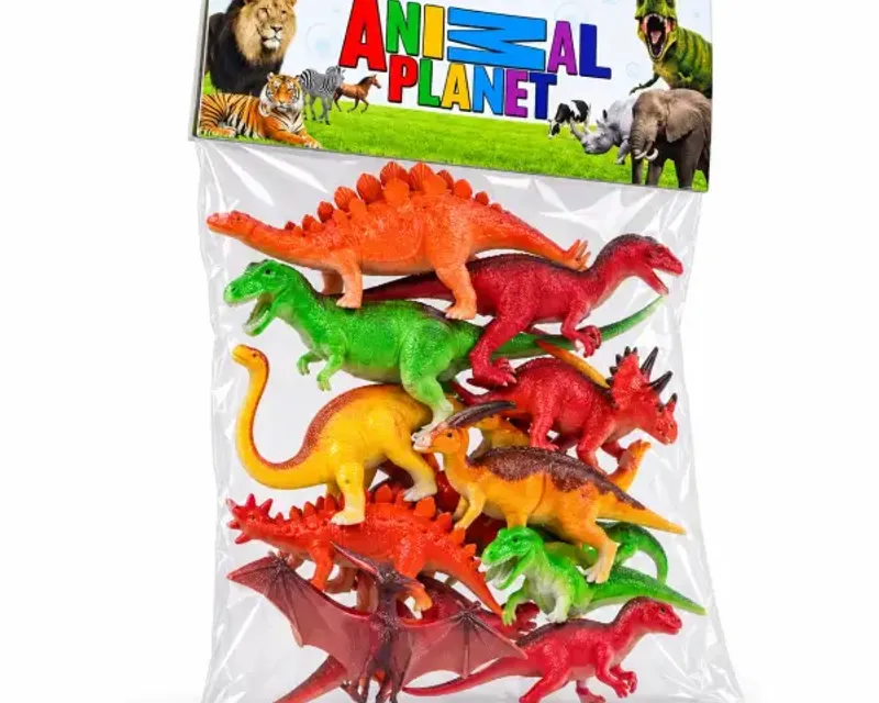 Dinosaur toys category — bag of plastic dinosaur figures with a T. rex, stegosaurus and pterosaur in Pakistan