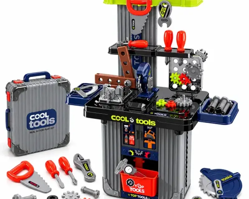 Kids tool sets category — Cool Tools workbench beside its grey carry suitcase with toy saw, screwdrivers and gears in Pakistan