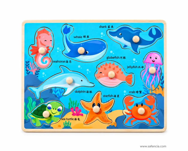 Puzzles category — sea animals wooden peg puzzle board with nine knobbed pieces in Pakistan