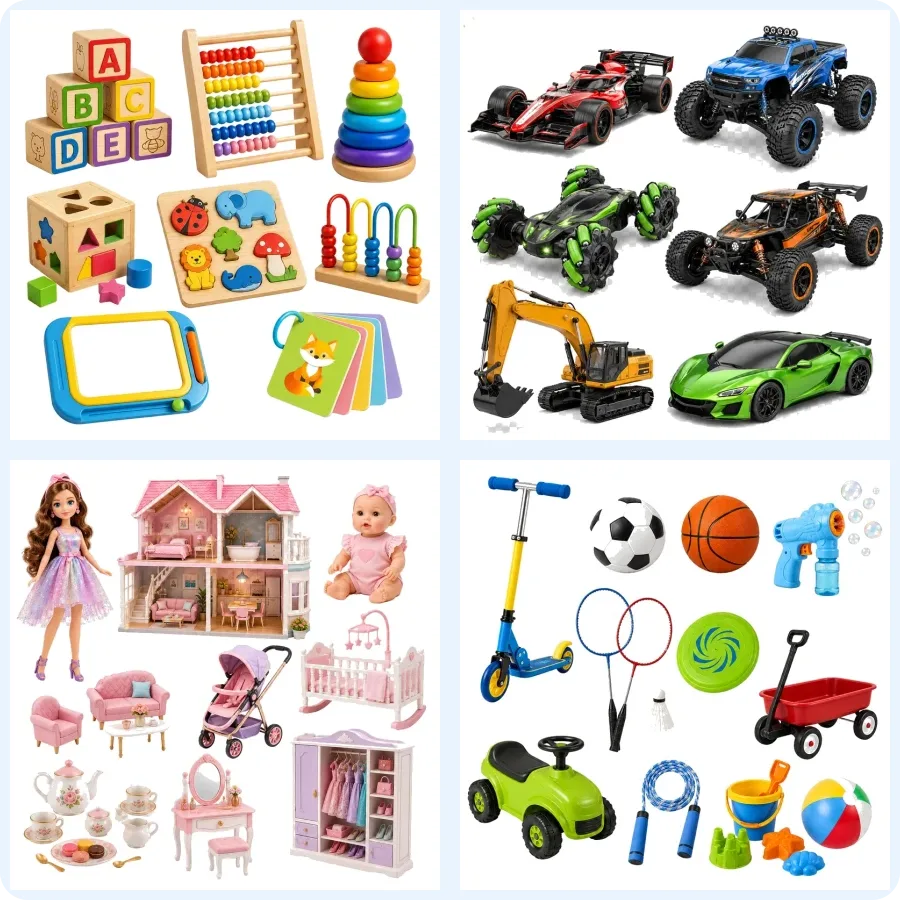 Safencia toy range in Pakistan — wooden educational toys, remote control cars, dolls and playsets, and outdoor play toys