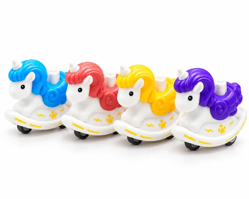 Unicorn toys category — blue, red, yellow and purple unicorn horse press and go toys in a row in Pakistan