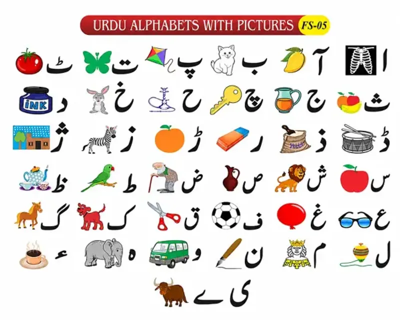 Urdu learning toys category — Urdu alphabet foam chart with a picture beside every letter in Pakistan
