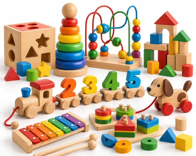 Wooden toys category — colourful wooden stacking, sorting and learning toys in Pakistan