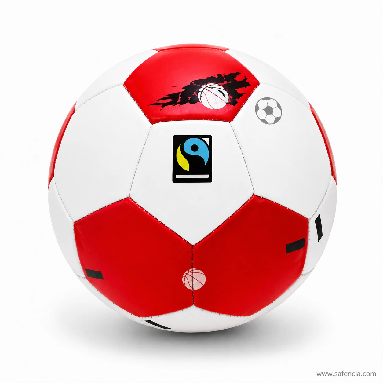 Kids training football in red and white panels with small printed graphics, studio shot