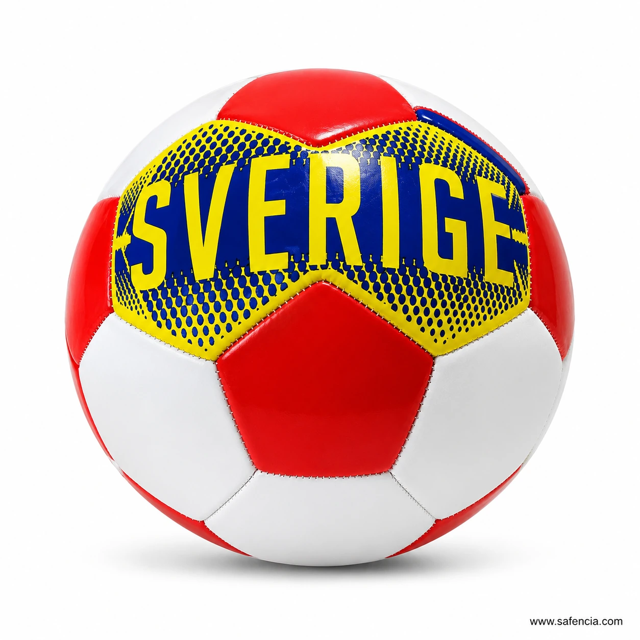 Kids training football in glossy red, white, yellow and blue panels with a bold printed centre