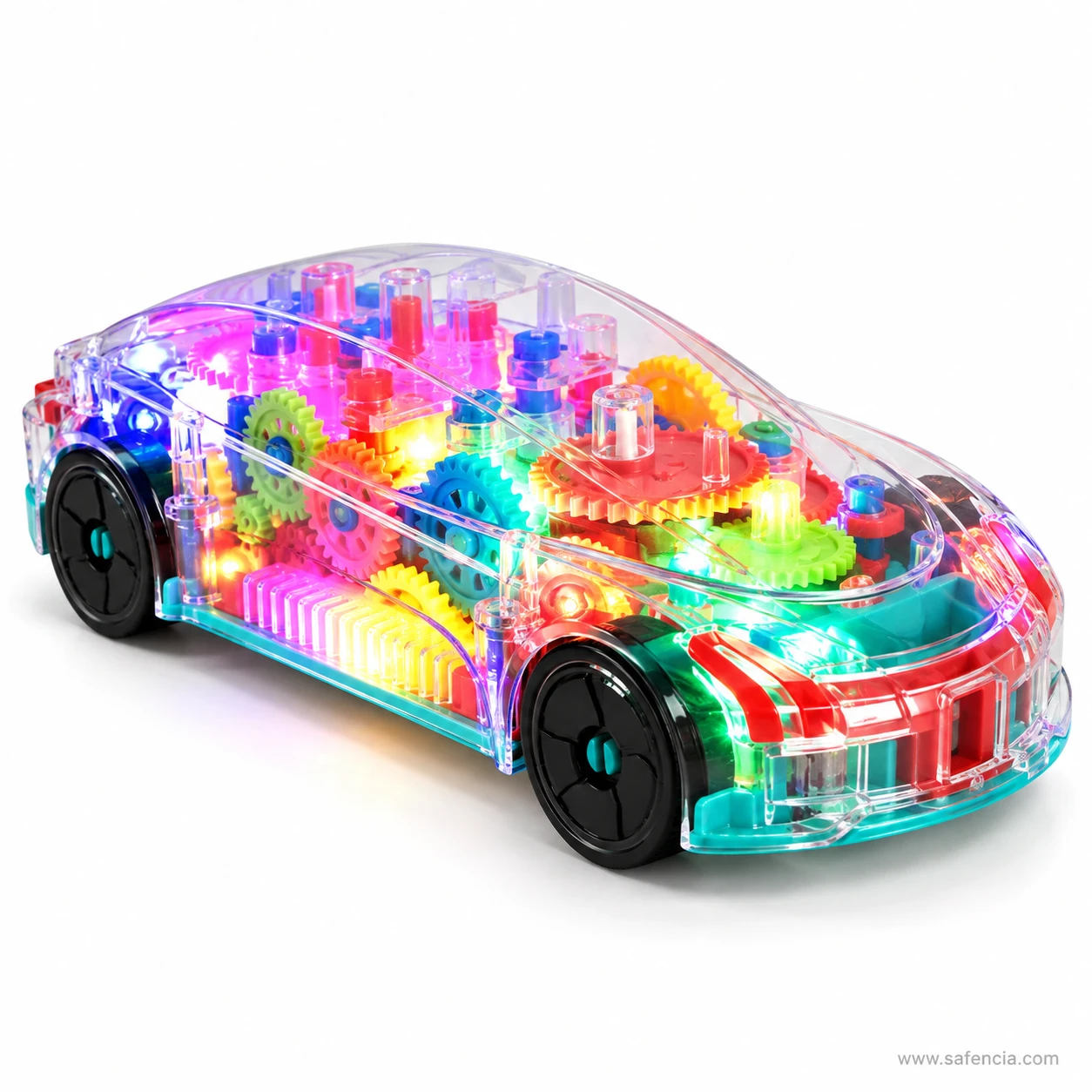Front three quarter view of the transparent gear car lit up with black wheels and clear shell