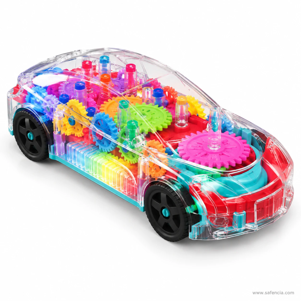 Angled view of the gear car with its internal lights on, showing gears lit from inside
