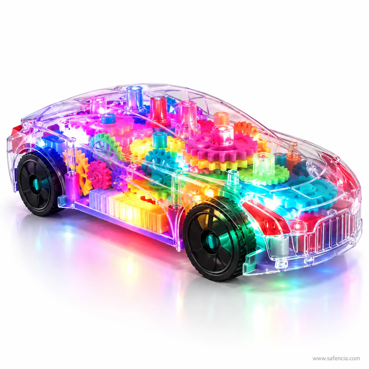 The gear car running with rainbow lights reflecting on the surface underneath it