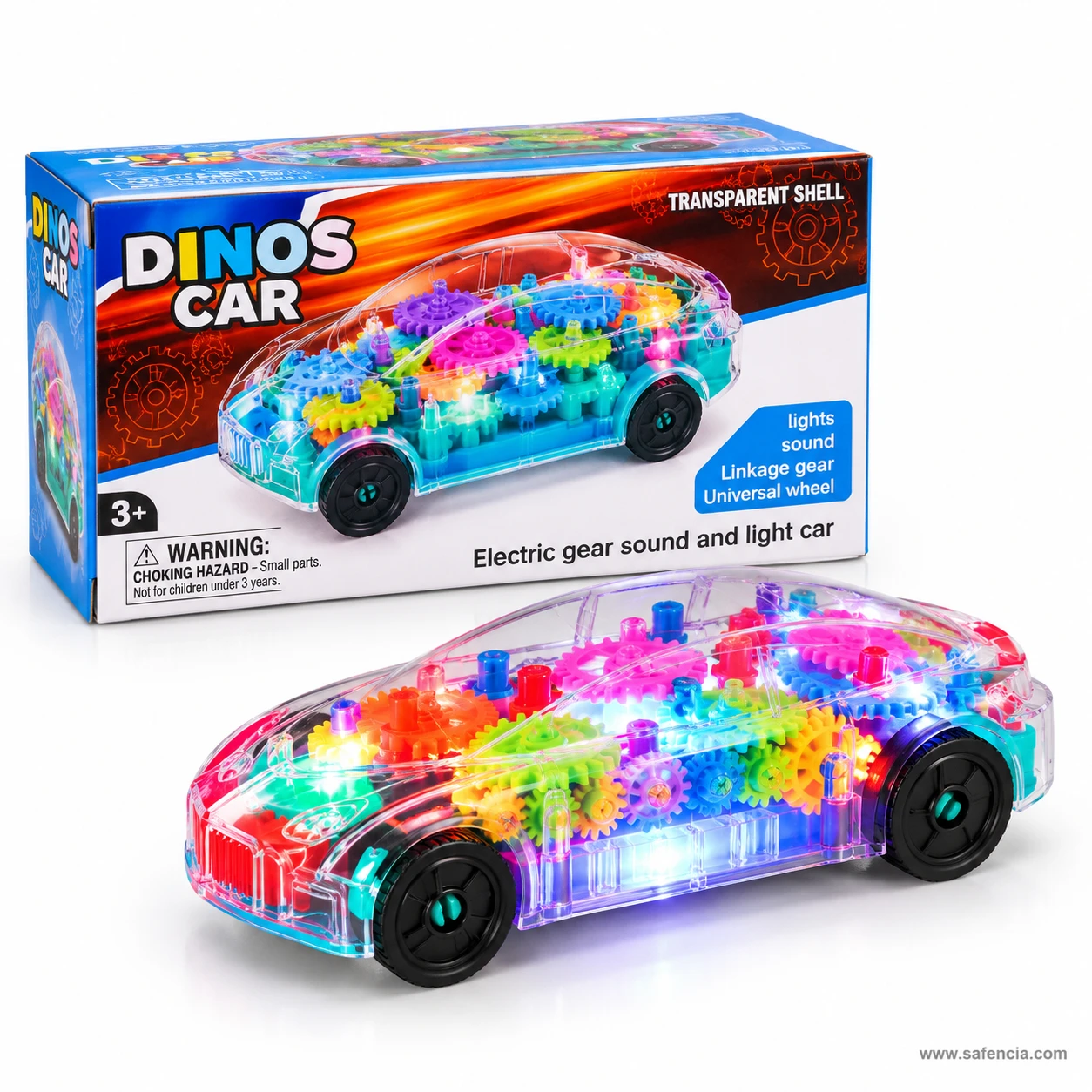 The transparent gear car beside its retail box printed with lights, sound and a 3 plus age marking