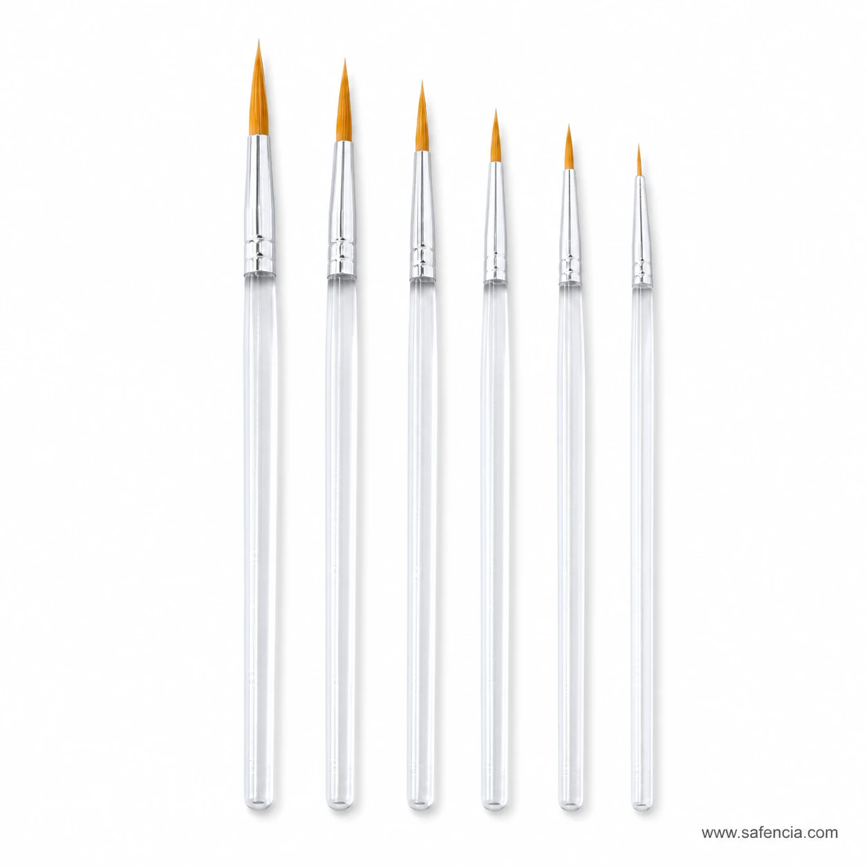 Six clear handle round brushes laid out from fine liner to full round