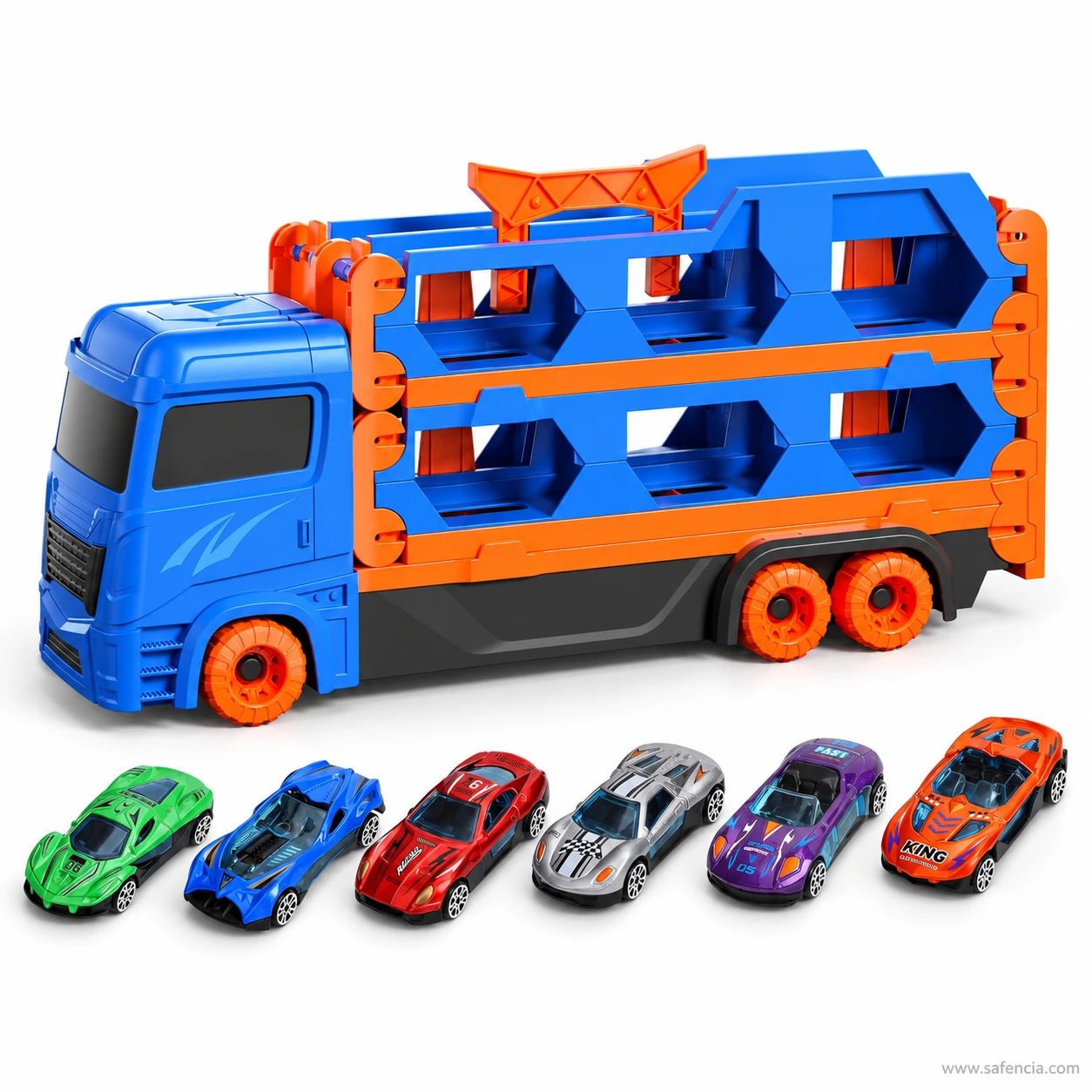 Empty two-deck car carrier standing behind its six die-cast cars lined up in a row on white