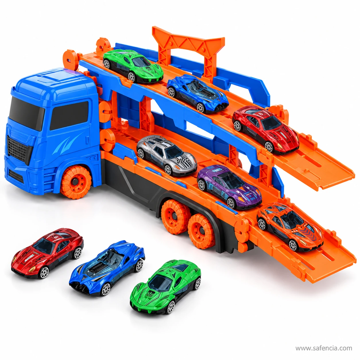 Car carrier with its tail ramp folded down and die-cast cars rolling off the ramp onto the floor
