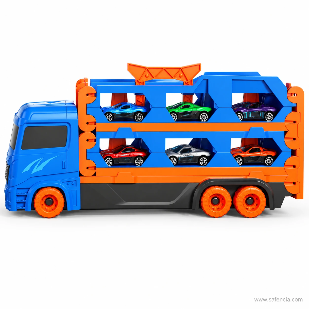 Side view of the blue and orange car carrier showing both decks filled with die-cast cars and the orange wheels