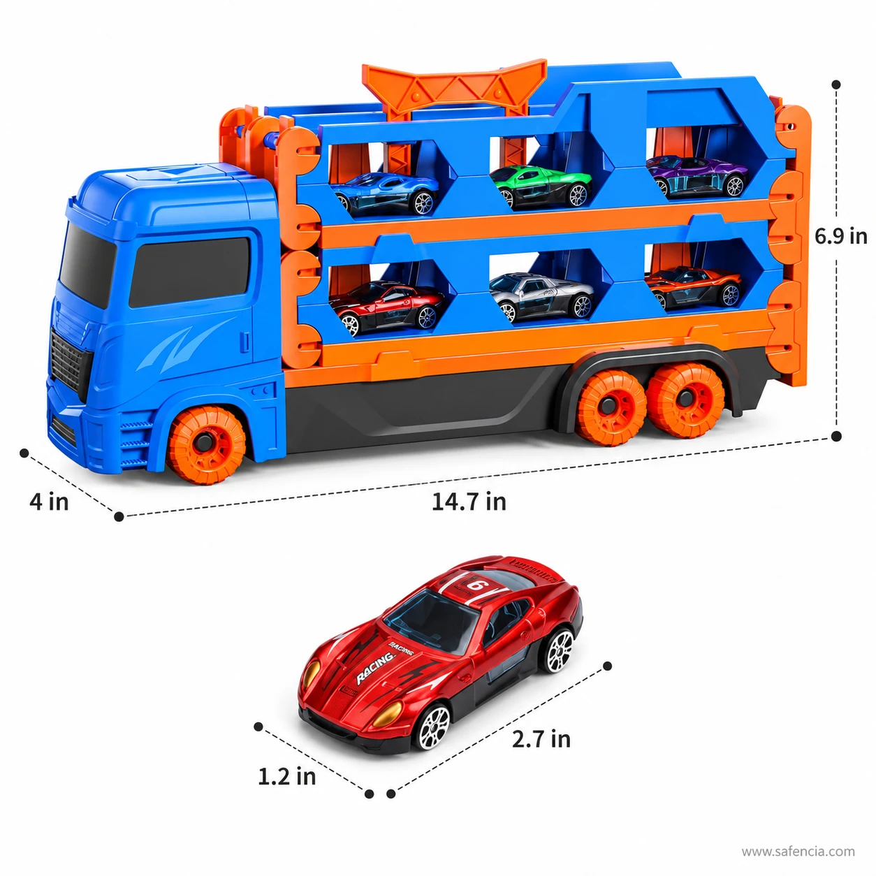 Measured size guide showing the car carrier at 14.7 by 4 by 6.9 inches and a die-cast car at 2.7 by 1.2 inches