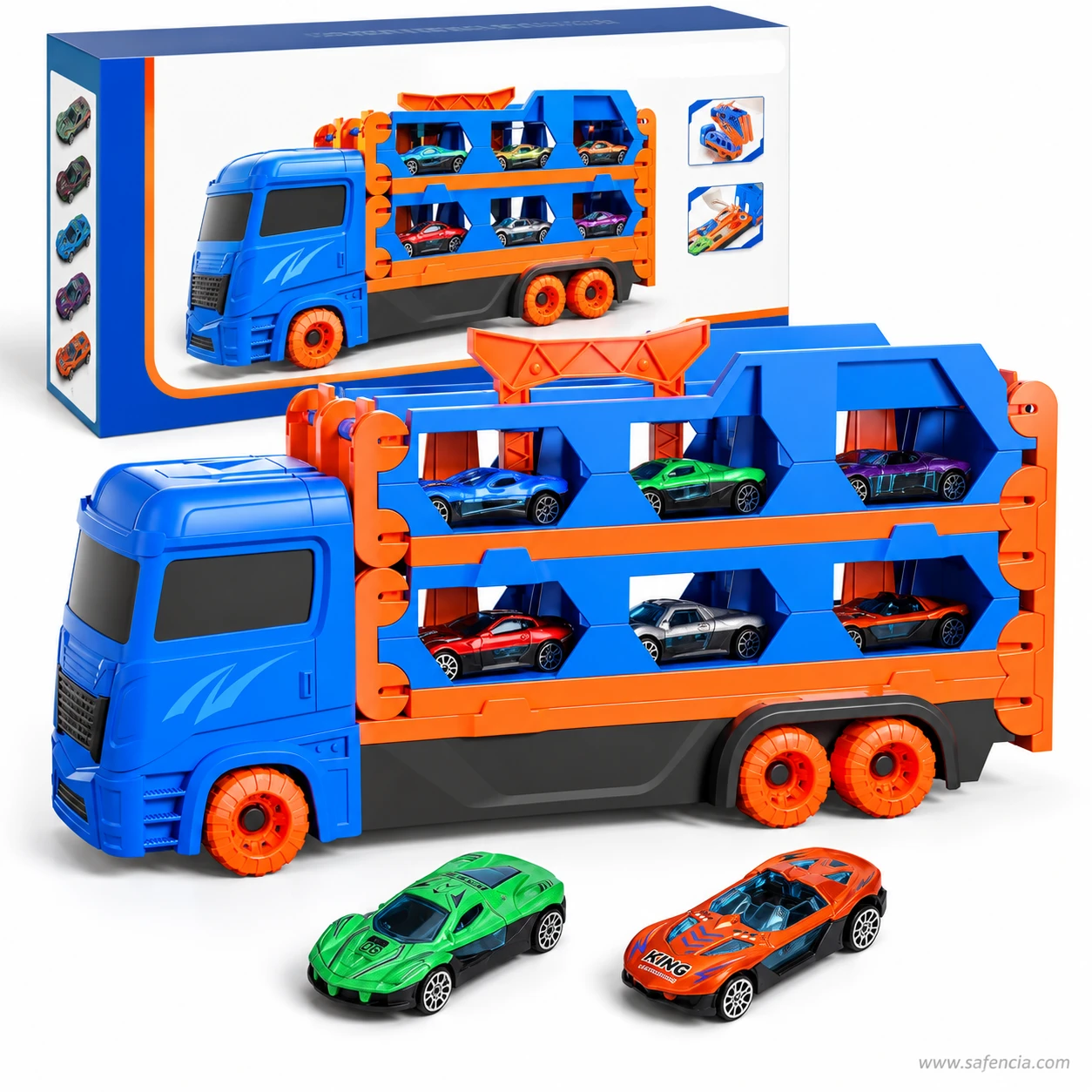 Transport truck car carrier standing in front of its printed retail box with two die-cast cars beside it