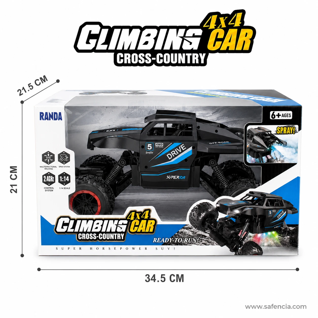 RC 4x4 Off-Road Climbing Car retail box dimensions showing 34.5cm length, 21.5cm width, and 21cm height measurements