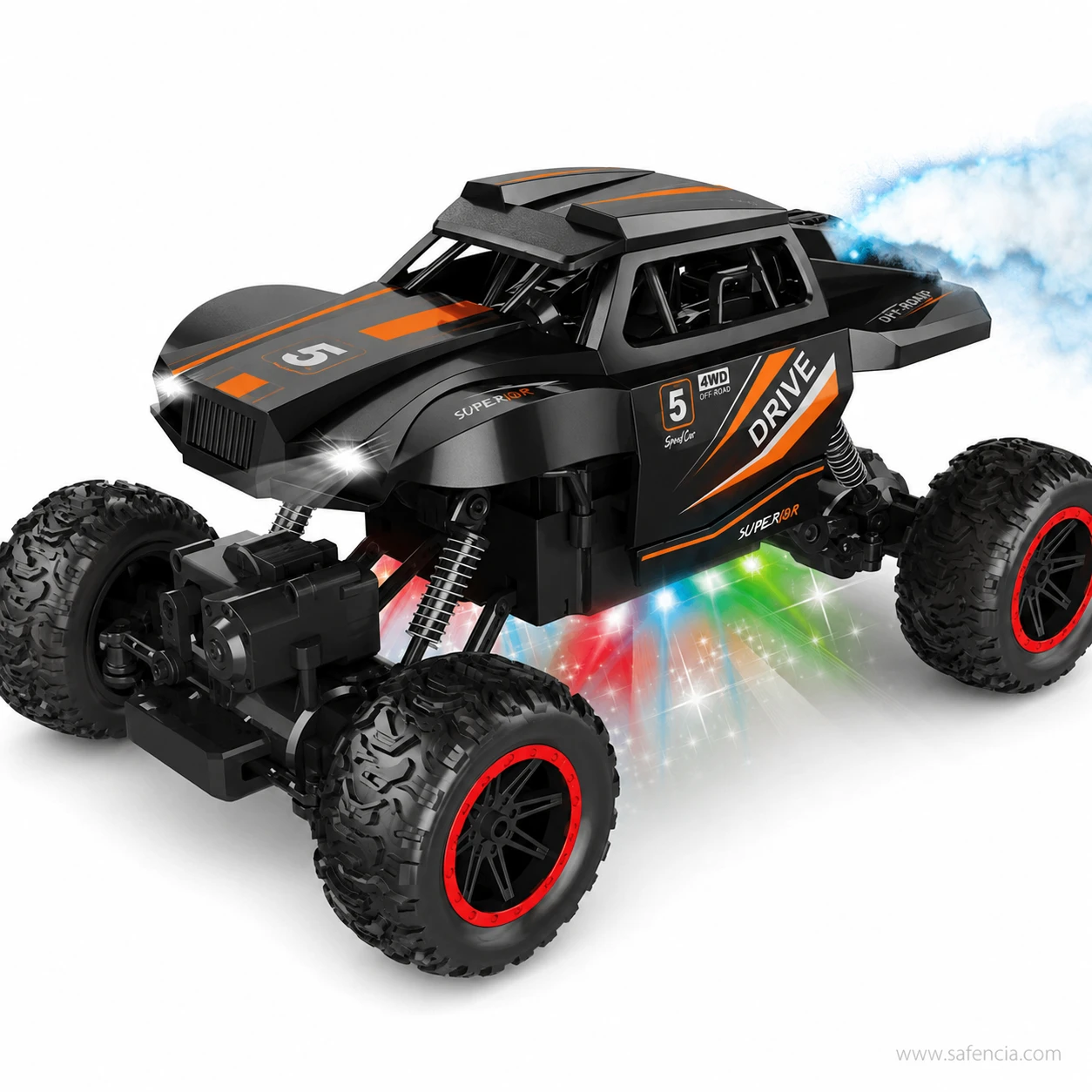 RC 4x4 Off-Road Climbing Car close-up view showing high-clearance suspension springs, large rubber tyres, and colourful LED underglow