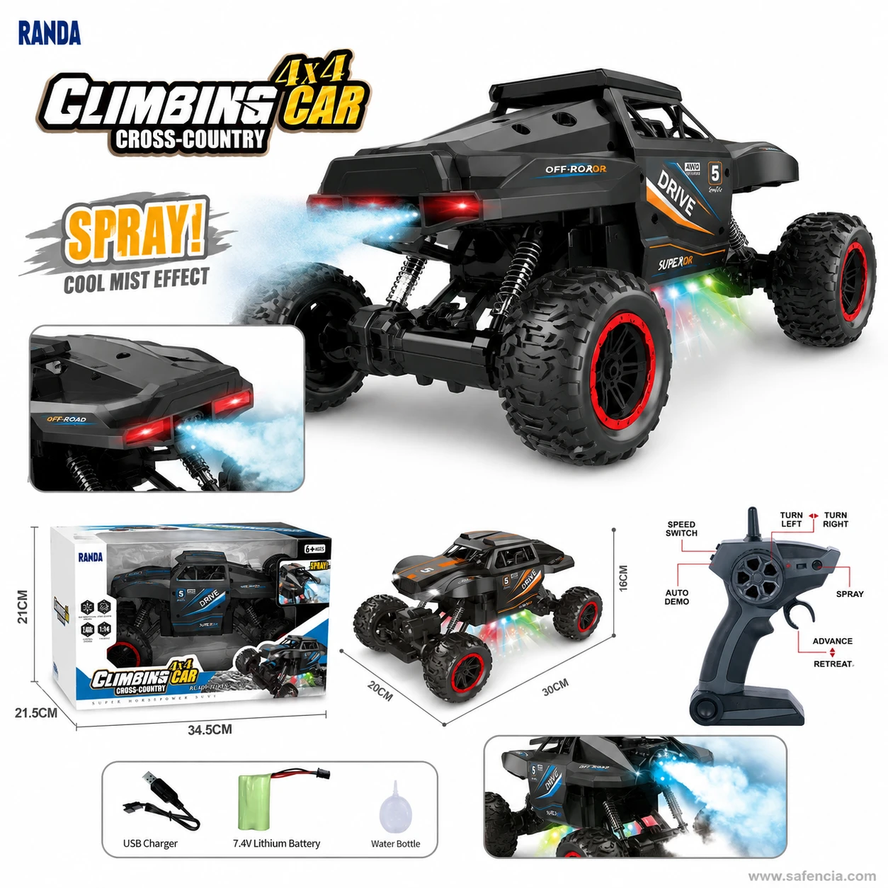 RC 4x4 Off-Road Climbing Car rear mist smoke spray effect with red brake lights, car dimensions, and remote functions guide