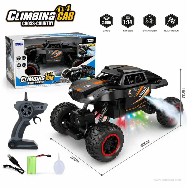 RC 4x4 Off-Road Climbing Car with Smoke Spray and LED Lights 1:14 Scale