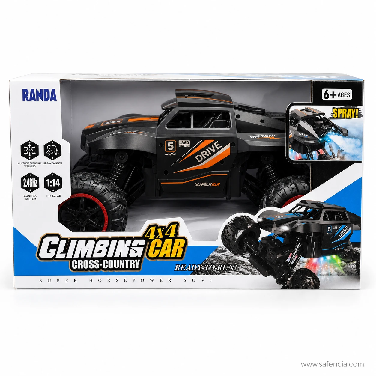 RC 4x4 Off-Road Climbing Car inside RANDA retail window packaging box showing scale, 6+ age rating, and feature badges