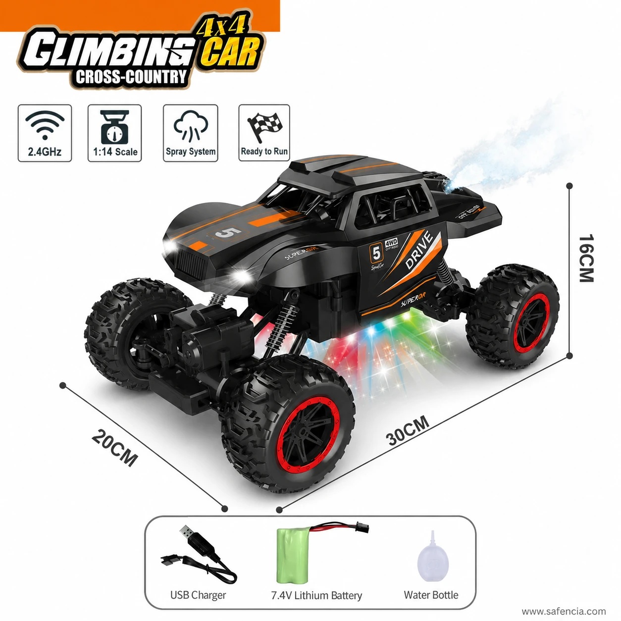 RC 4x4 Off-Road Climbing Car vehicle dimensions diagram measuring 30cm length, 20cm width, and 16cm height with accessories