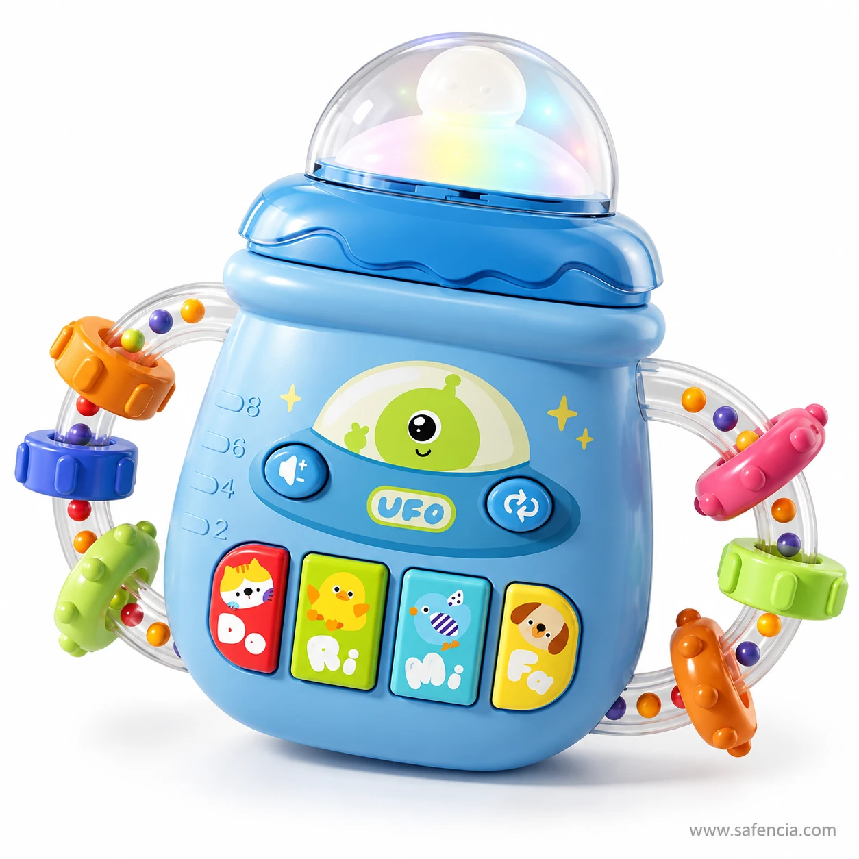 Angled view of the UFO musical baby rattle with pastel light in the clear dome