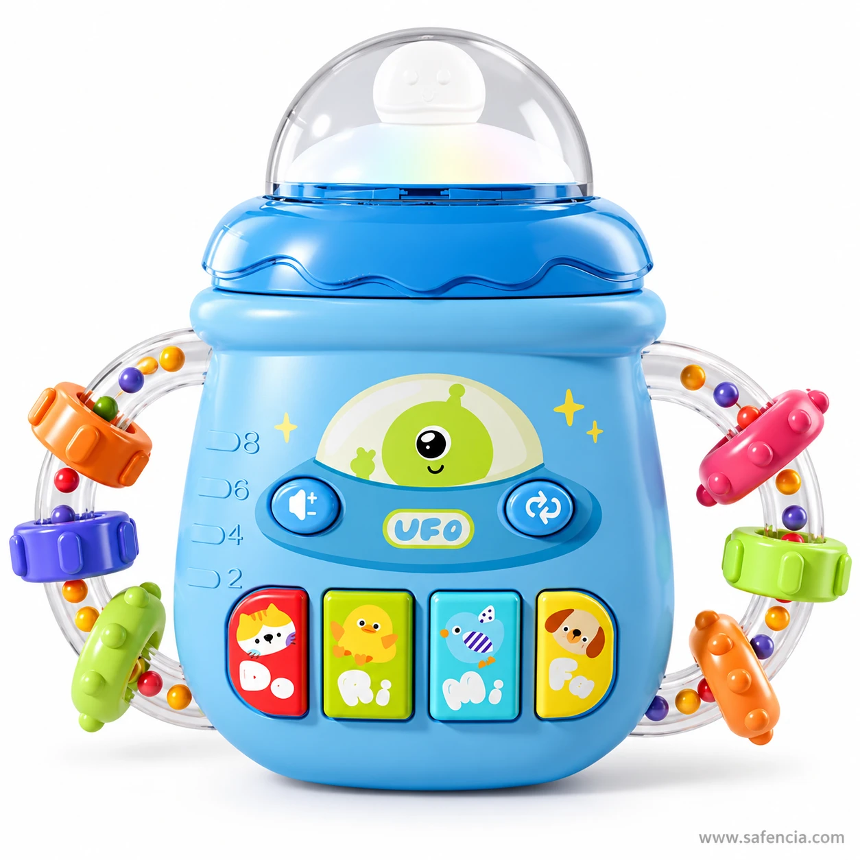 UFO musical baby rattle showing the clear bead handles with spinning rings