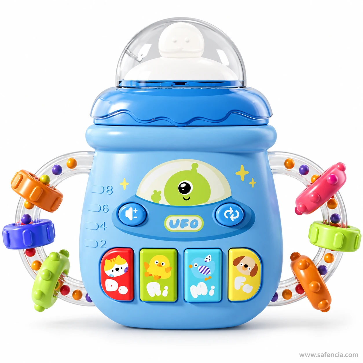 Front of the UFO baby rattle toy showing the bear, chick, bird and puppy keys