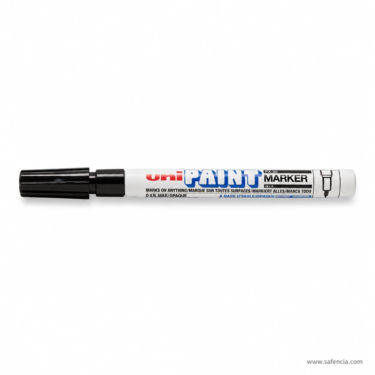 Single black Uni Paint Marker PX-20 lying capped on a white ground