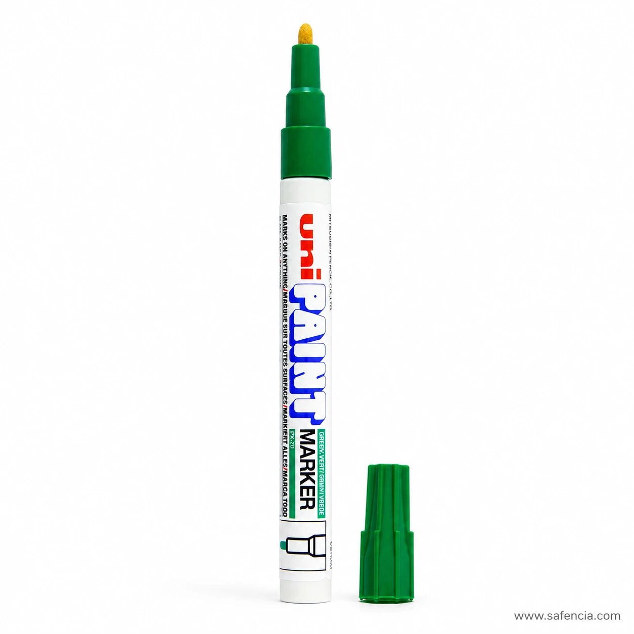 Green Uni Paint Marker PX-20 standing upright with the cap removed