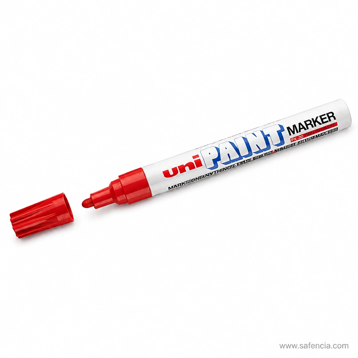 Red Uni Paint Marker PX-20 shown uncapped beside its red cap