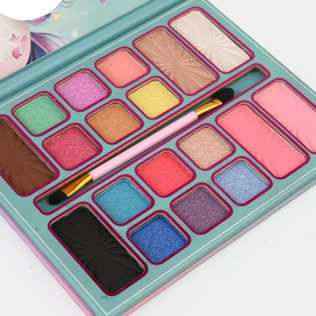 Unicorn 18-Colour Eyeshadow & Face Palette open view - 12 eyeshadows and 6 face shades with brush