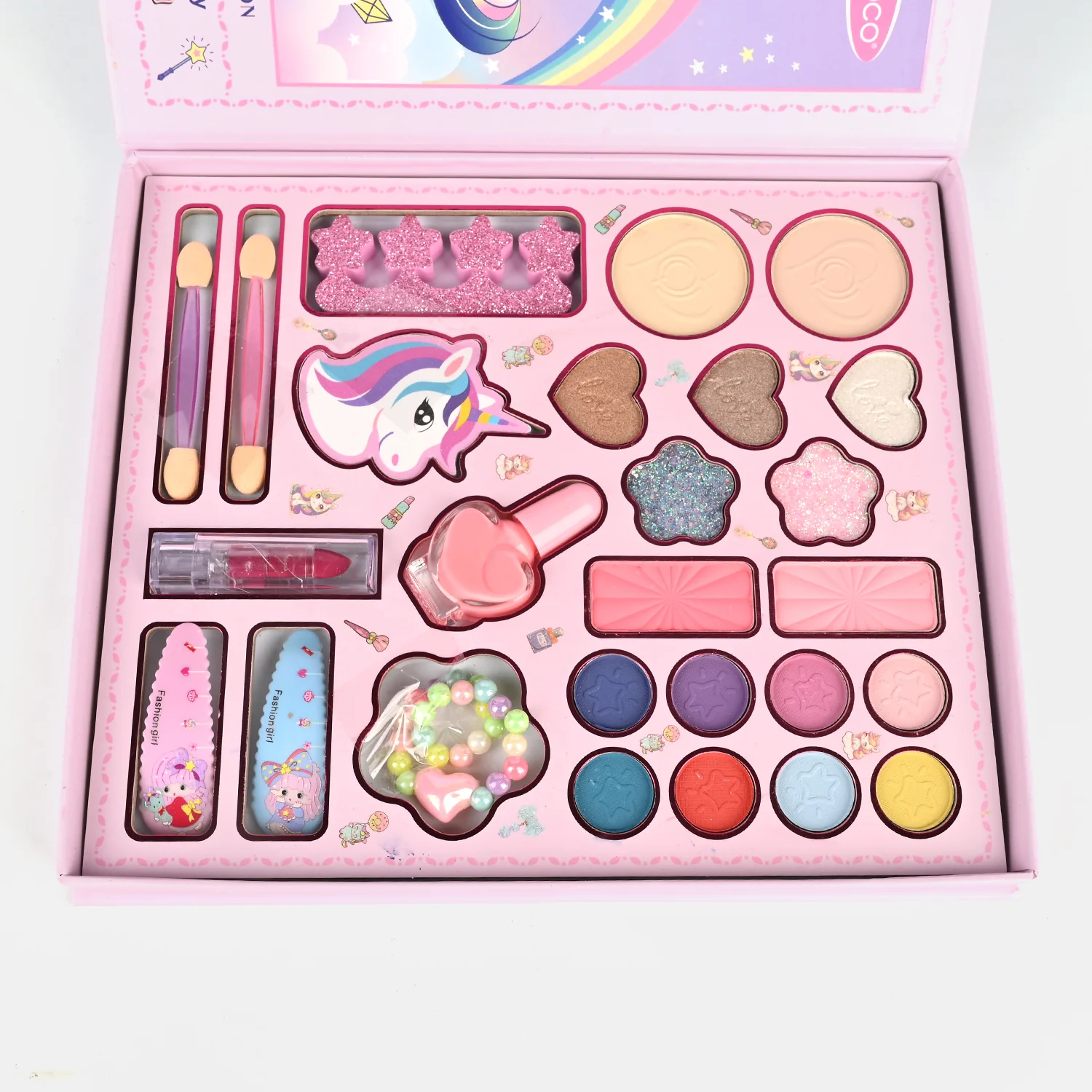 Unicorn 26-in-1 Makeup & Nail Set open view - eyeshadows, blush, nail polish and accessories