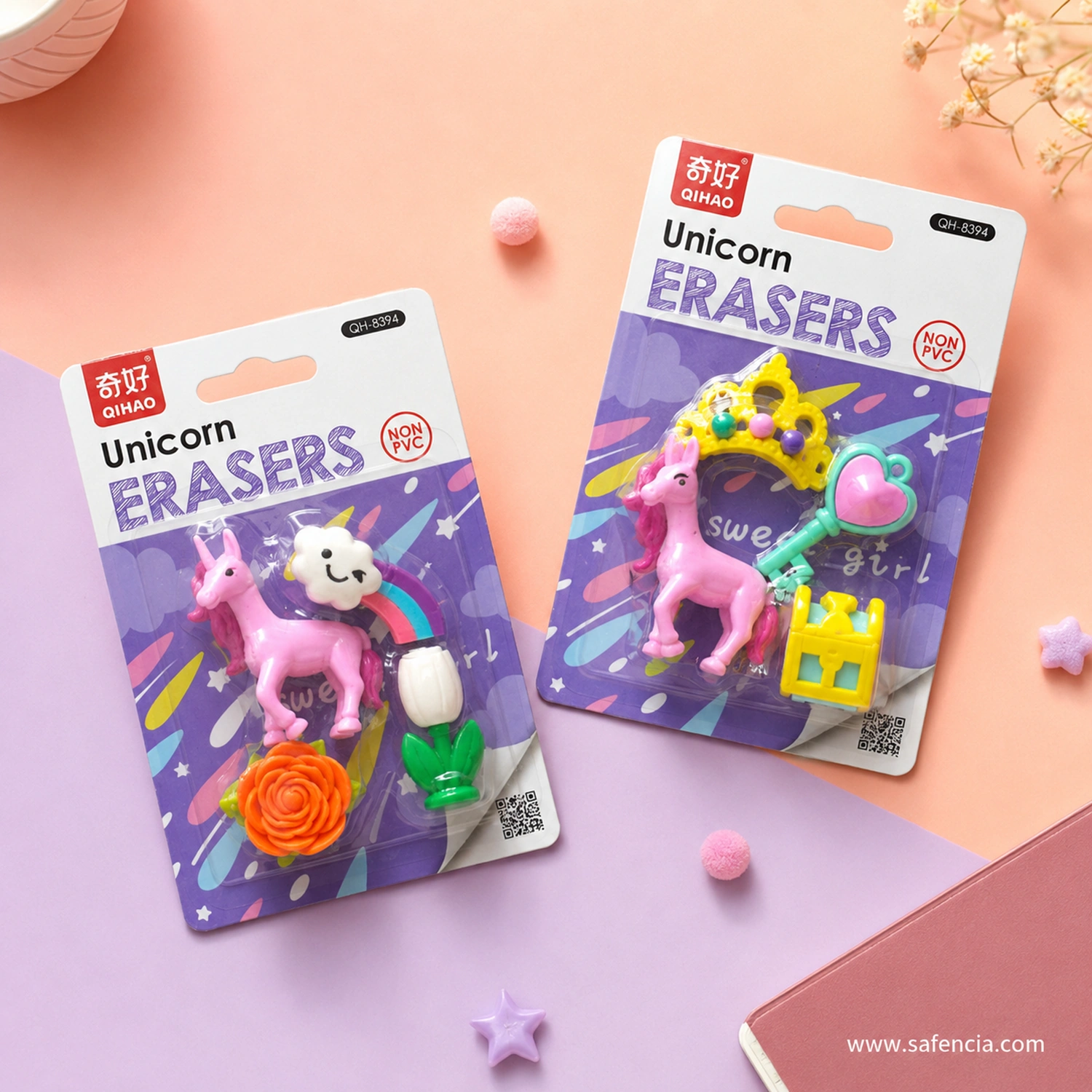 Unicorn eraser cards laid flat on a peach and lilac background showing the moulded rose, tulip, tiara and treasure chest pieces