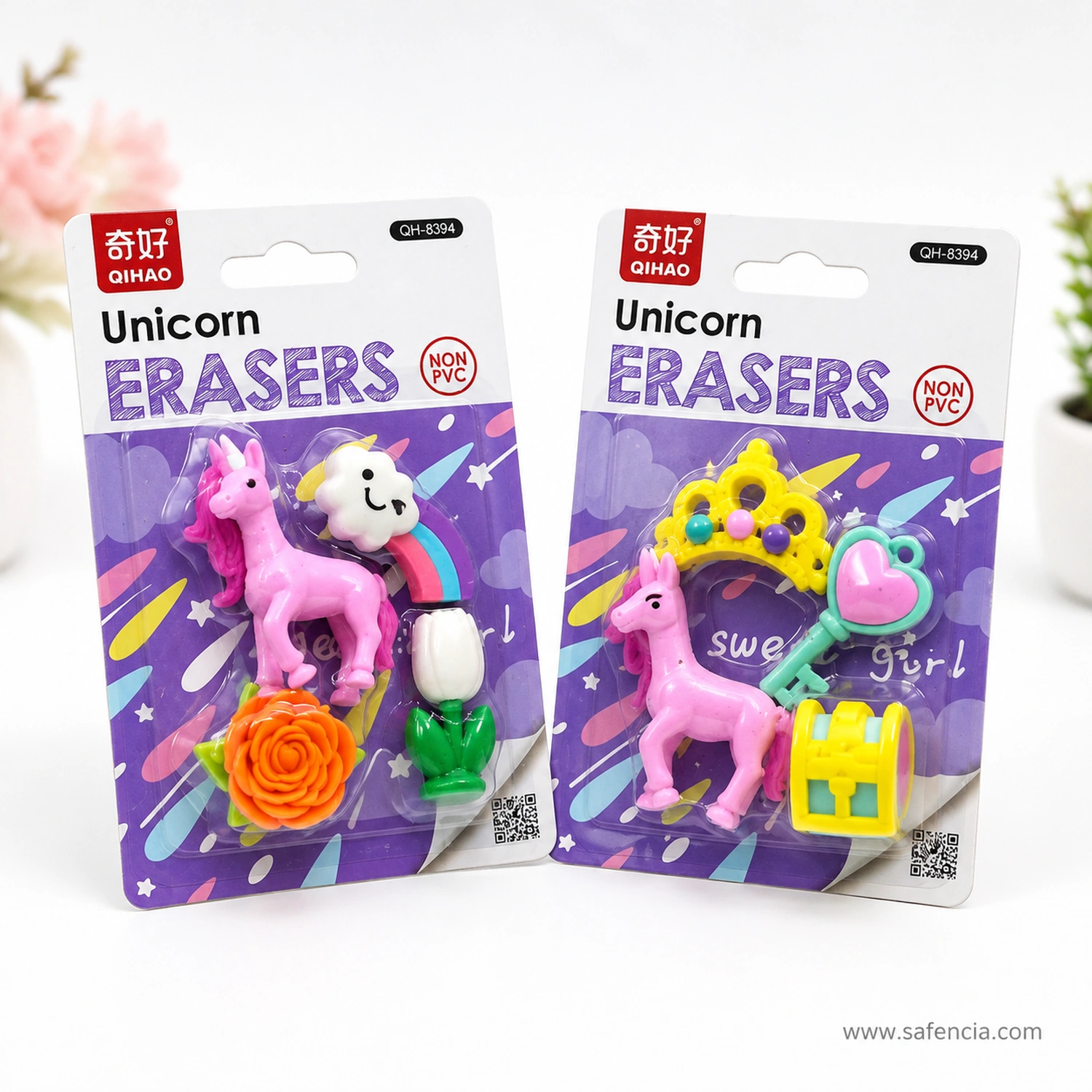 Front view of the two unicorn eraser cards with NON PVC roundels and QH-8394 model numbers visible on the corners