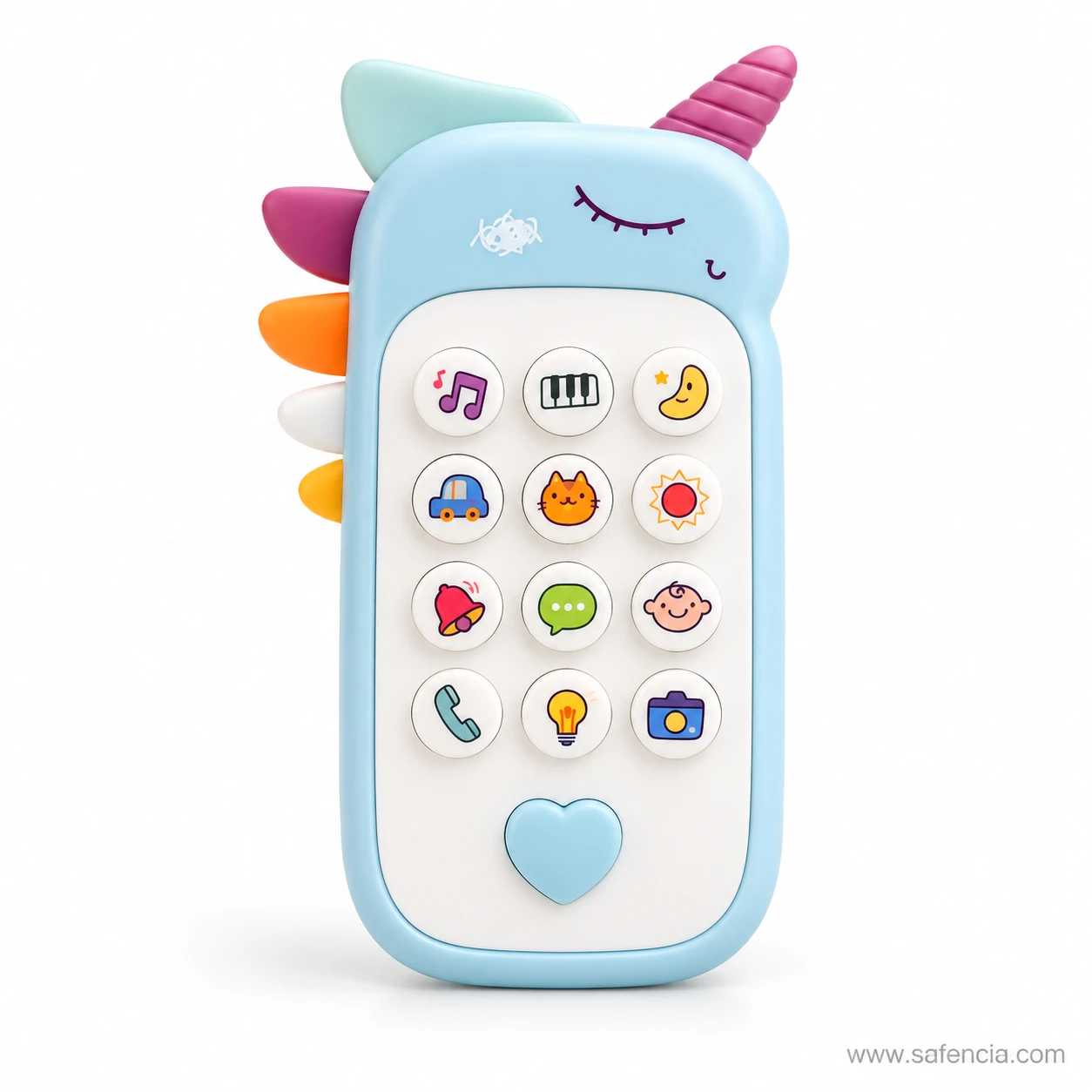 Blue unicorn baby phone toy with purple horn and picture buttons including car and cat