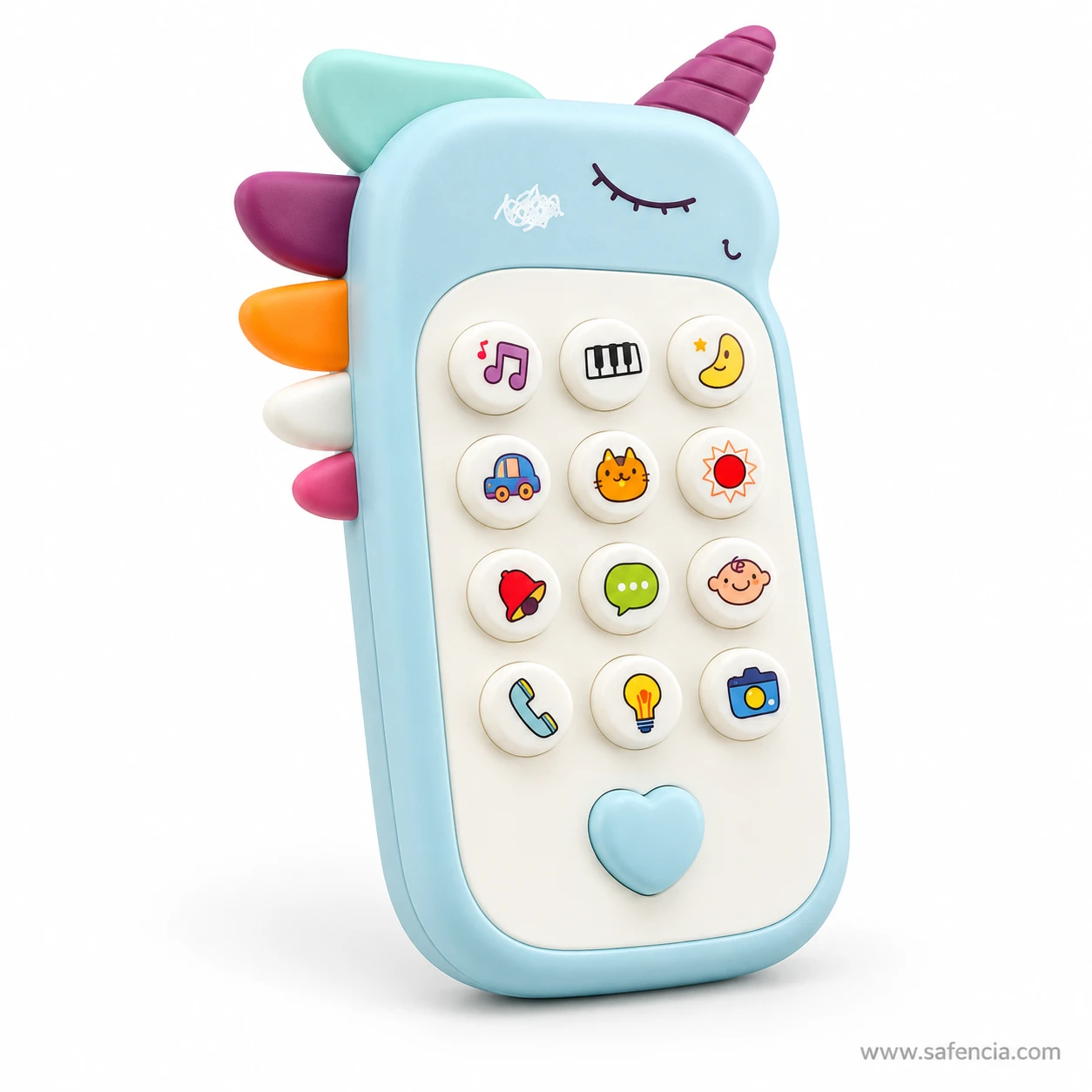Angled view of the blue unicorn baby phone toy keypad with music, piano and camera buttons