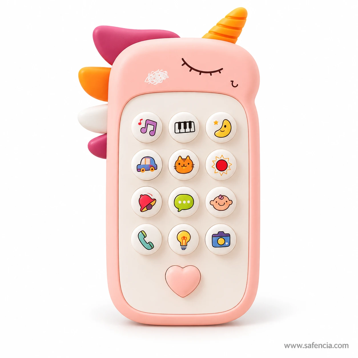 Pink unicorn baby phone toy with sleepy face, rainbow horn and twelve picture buttons