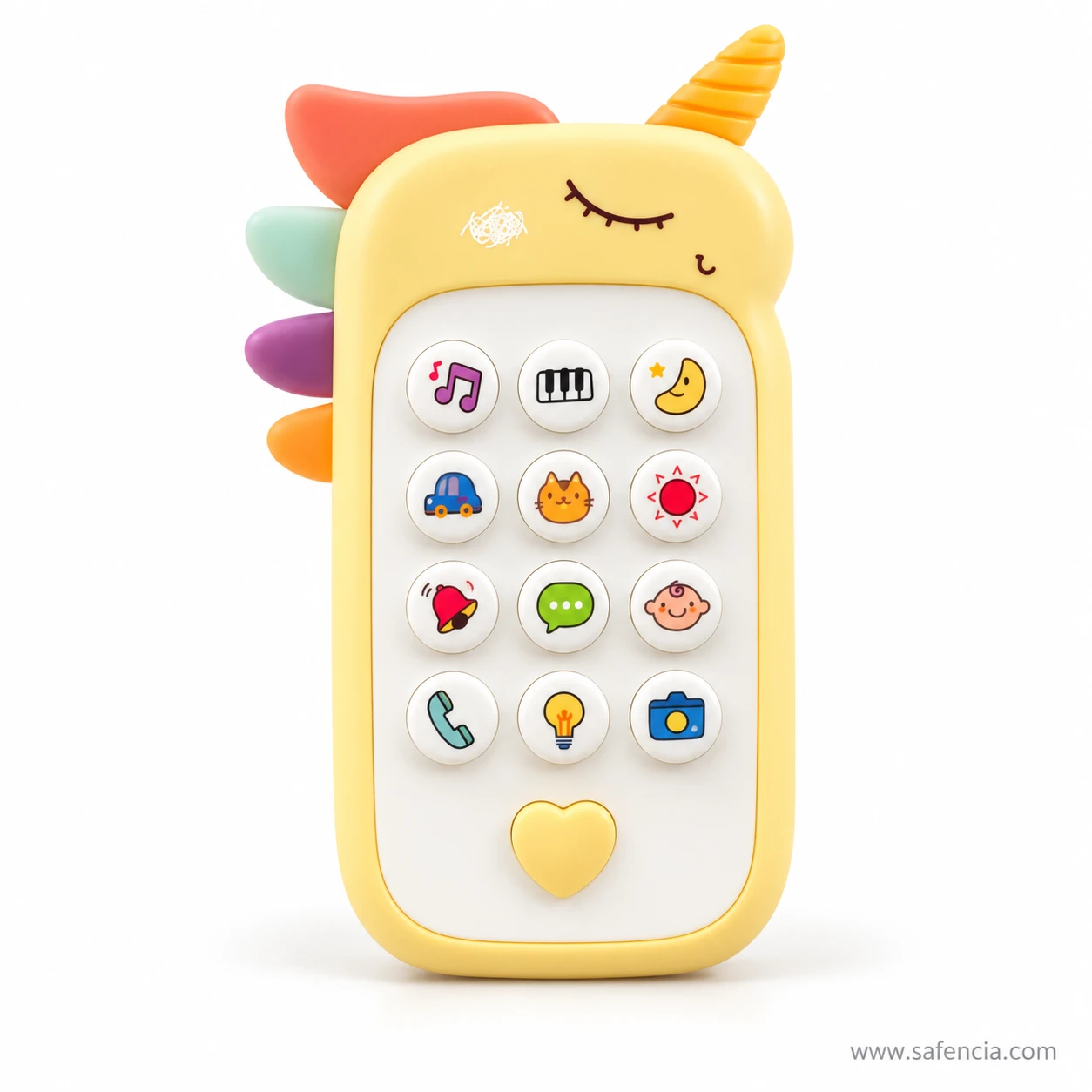 Yellow unicorn baby phone toy with orange horn, colourful mane and heart button