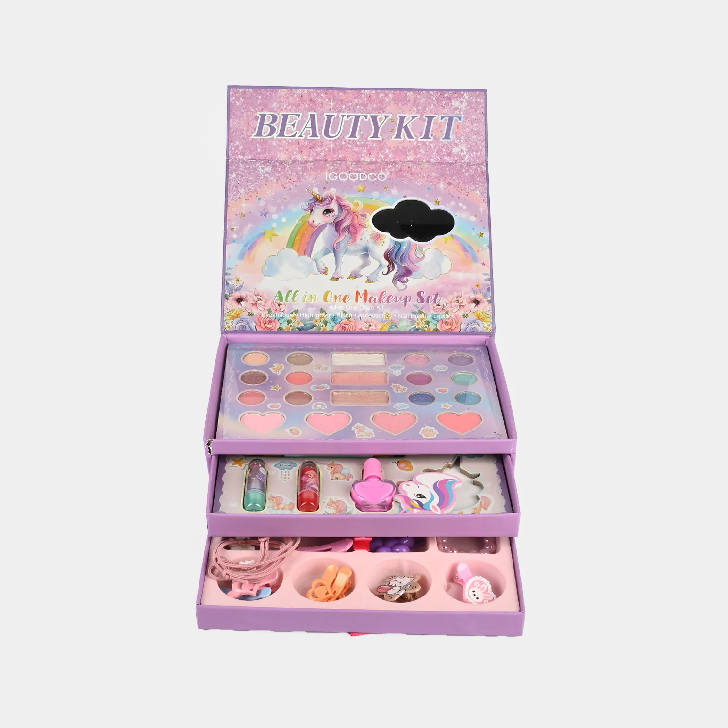 Unicorn Beauty Kit box view - rainbow unicorn and cloud mirror design